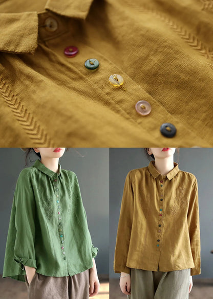 Yellow Peter Pan Collar Embroideried Linen Blouse Tops Fall
