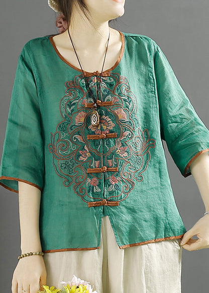 Green O-neck Embroideried Linen Shirt Top Summer