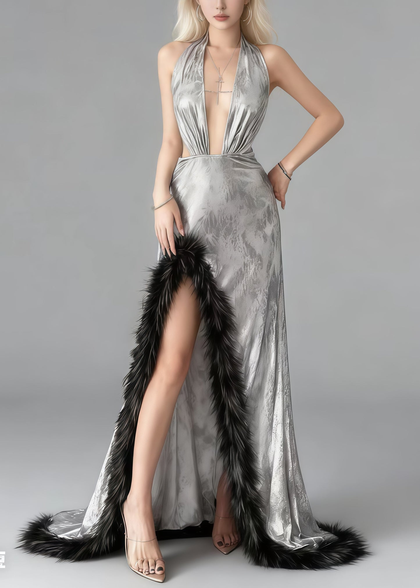 Silvery Exra Large Hem Patchwork Faux Fur Side Open Evenings Dresses Summer
