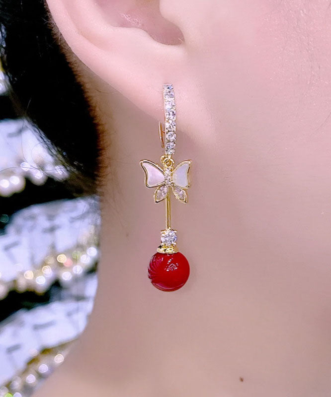 Red Alloy Zircon Pearl Shell Butterfly Drop Earrings