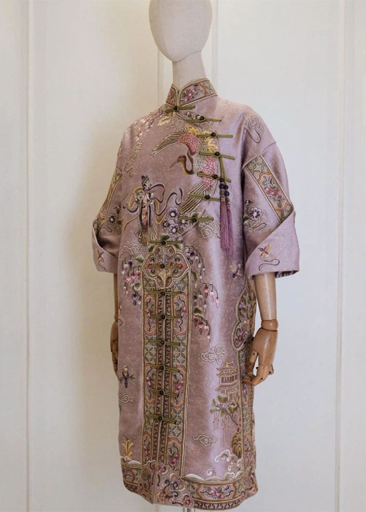Pink Stand Collar Button Silk Cotton Maxi Dresses Fall