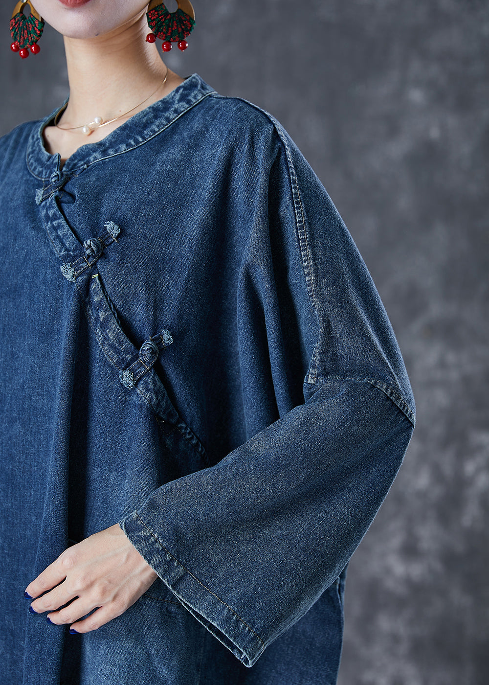 Navy Oversized Chinese Button Denim Maxi Dress Fall