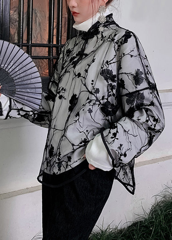 Black Stand Collar Embroideried Button Tulle Shirts Long Sleeve