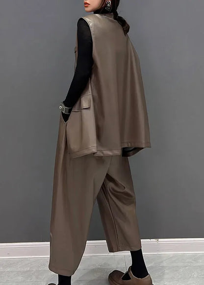 Brown V Neck Faux Leather Waistcoat and Straight Pants Two Pieces Set Fall