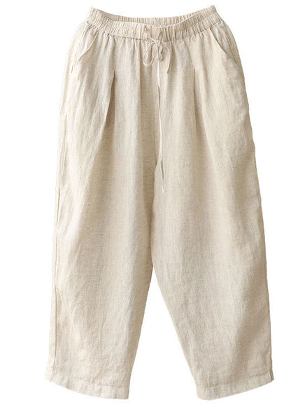 Simple Linen Color Elastic Waist Drawstring Pockets Color Linen Harem Pants Summer