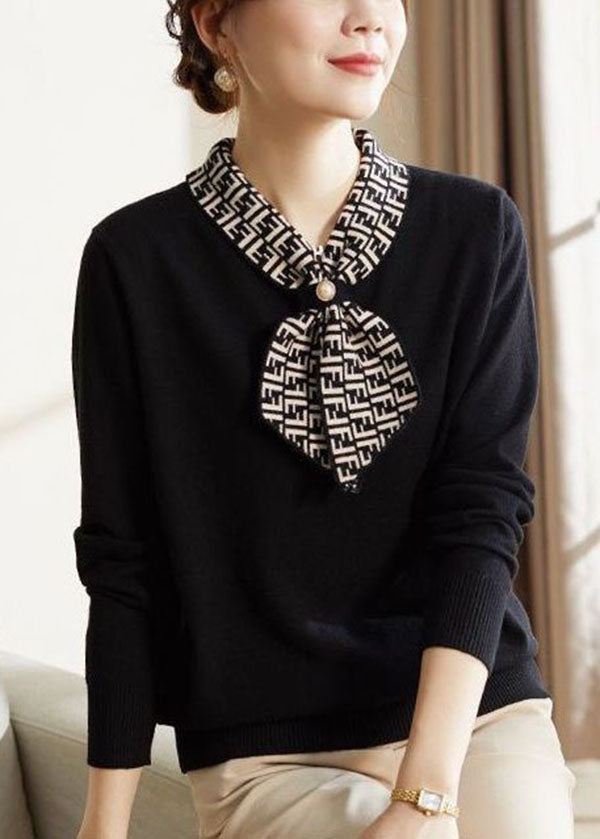 Black Bow Collar Print Knit Blouses Long Sleeve