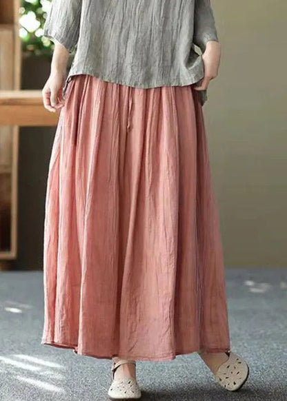 Pink Pockets Wrinkled Tie Waist Linen Skirt Summer