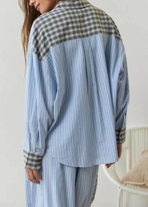Coffee Plaid Patchwork Cotton Pajamas Two Piece Suit Set Spring