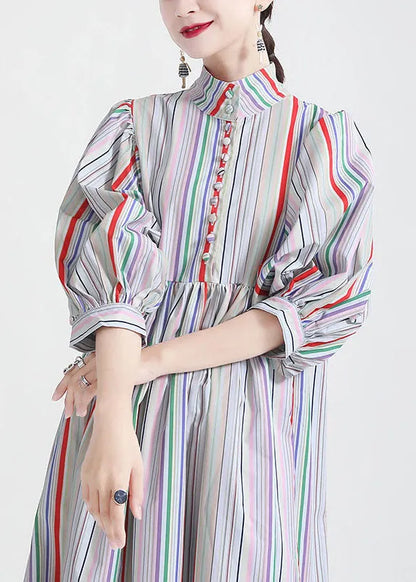 Stand Collar Multi Striped Puff Sleeve Cotton Party Dress