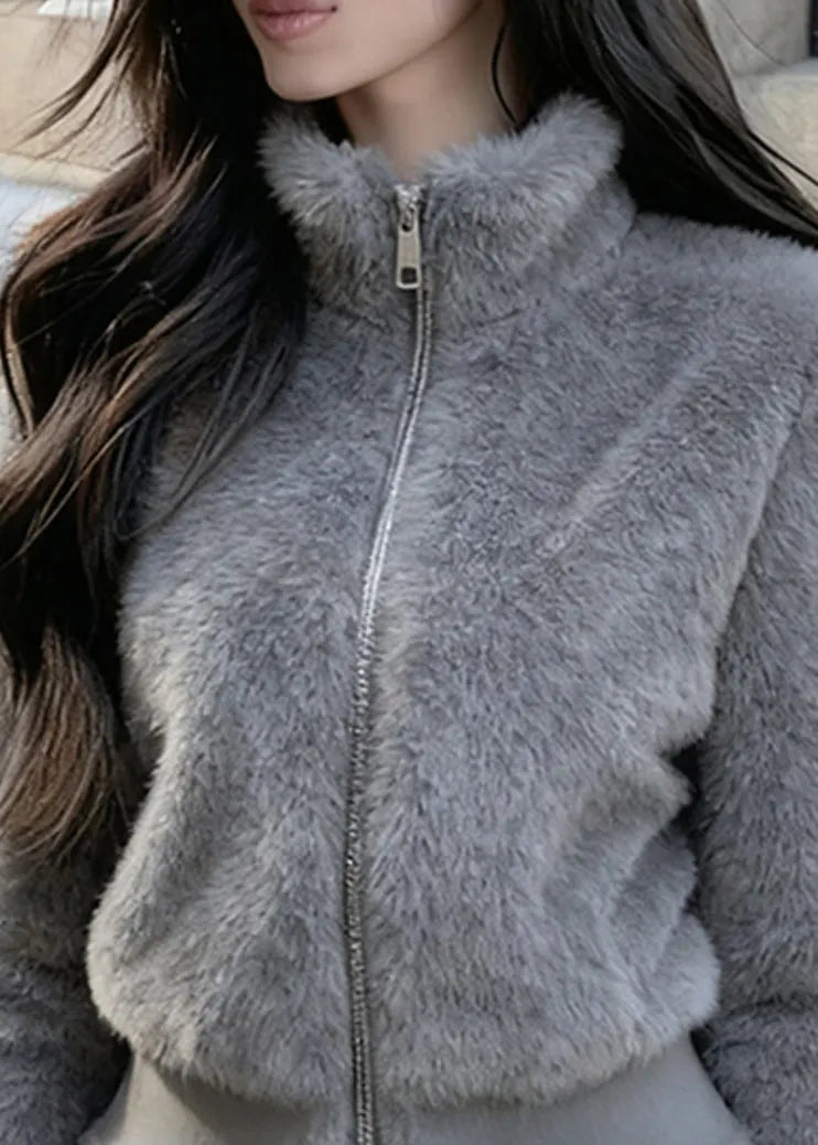 Grey Stand Collar Zippered Mink Hair Coats Winter