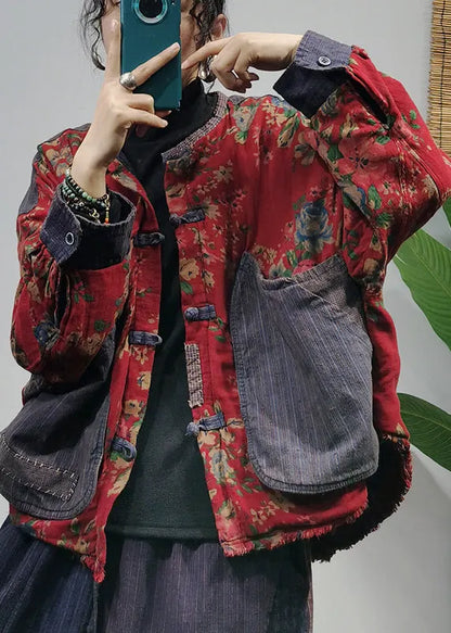 O-neck Button Big Pockets Patchwork Print Cotton Coats Long Sleeve