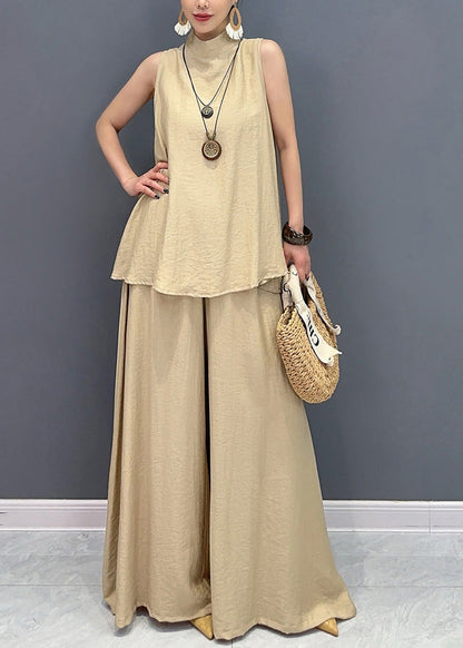 Loose Camel Tops and Wide Leg Pants Cotton Two Pieces Set Sleeveless
