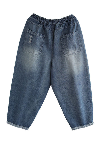 Stylish Denim Blue Color Elastic Waist Pockets Patchwork Applique Cotton Harem Pants Summer