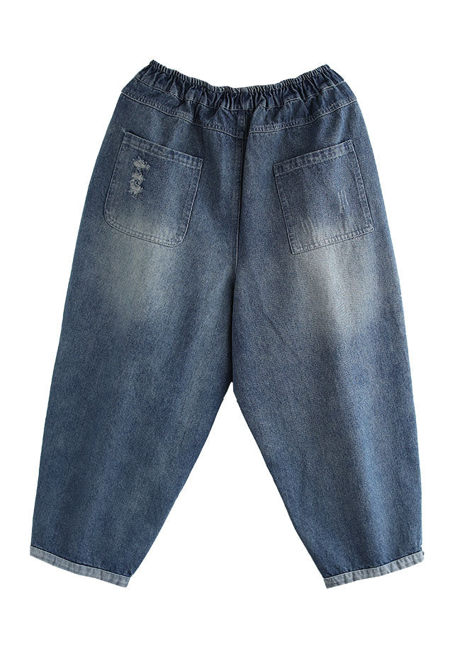 Stylish Denim Blue Color Elastic Waist Pockets Patchwork Applique Cotton Harem Pants Summer