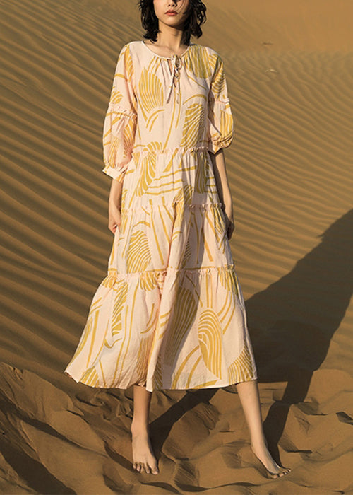 Yellow Ruffled Print Lace Up Cotton Long Dresses Half Sleeve