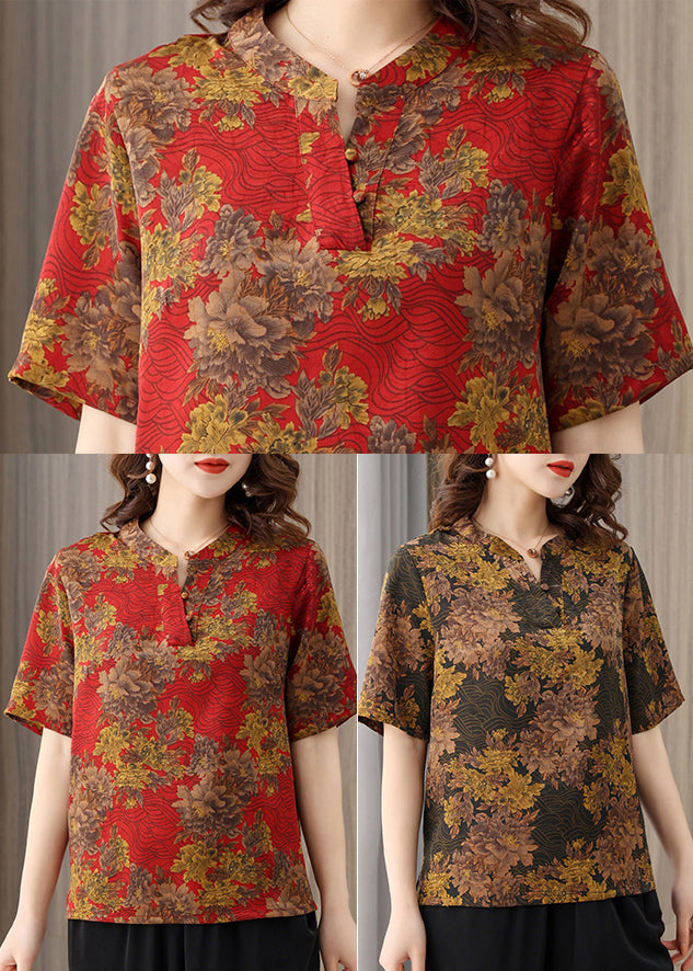 Chocolate Print Silk Blouse Top for O-neck Button Short Sleeve