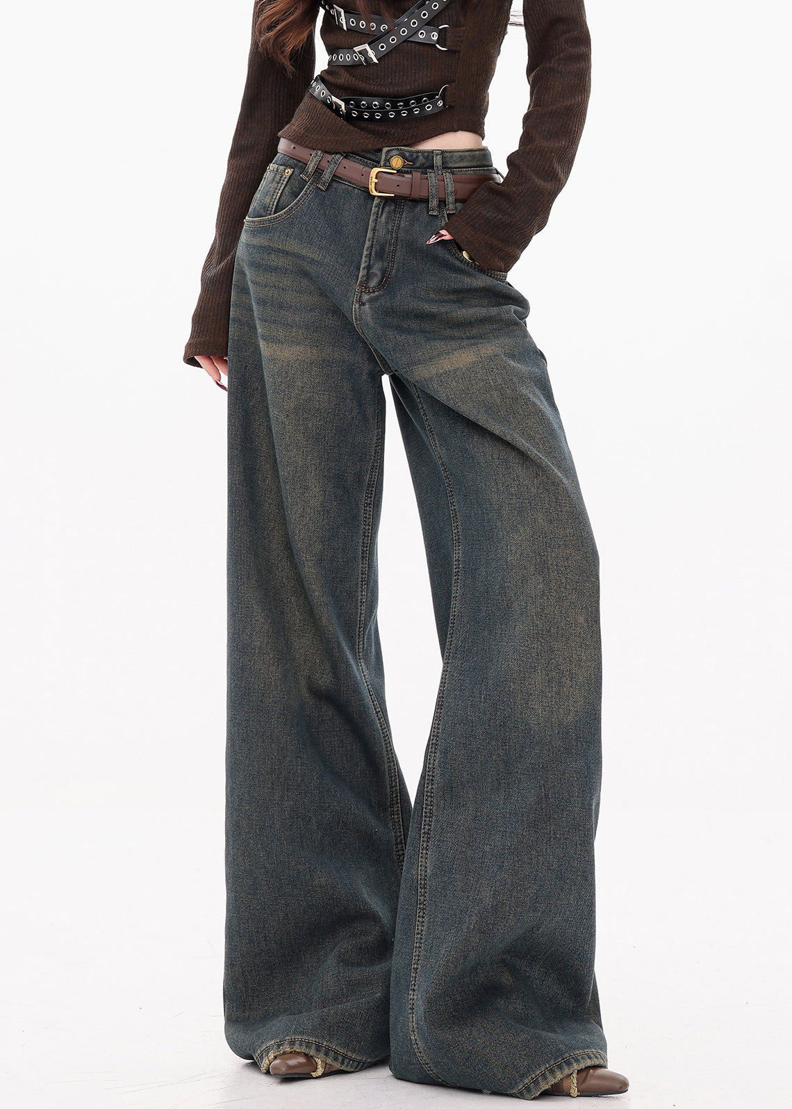 Retro Dark Blue Pockets High Waist Denim Wide Leg Pants Fall