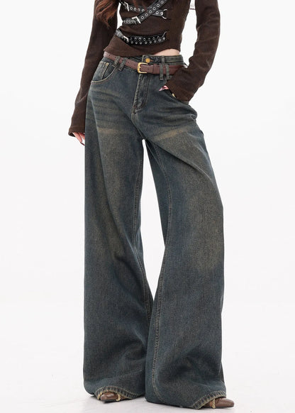Retro Dark Blue Pockets High Waist Denim Wide Leg Pants Fall