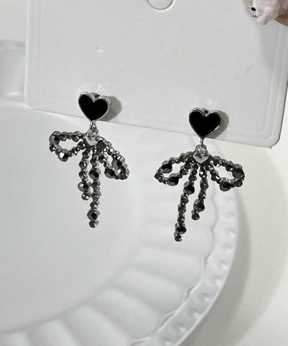 Stylish Black Metal Love Bow Tassel Drop Earrings