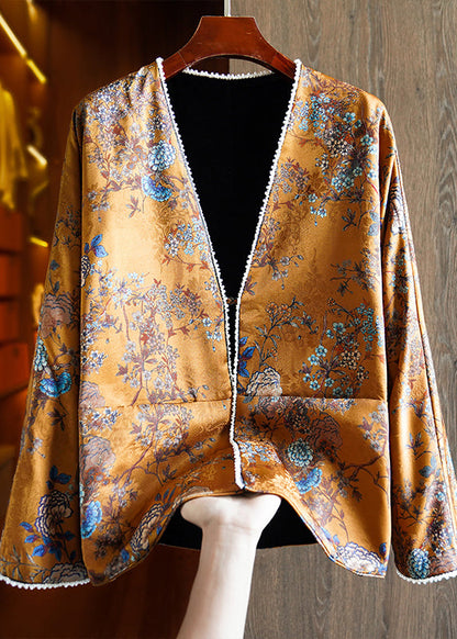 Chinese Style Yellow V Neck Print Nail Bead Wear on Both Sides Silk Coat Fall