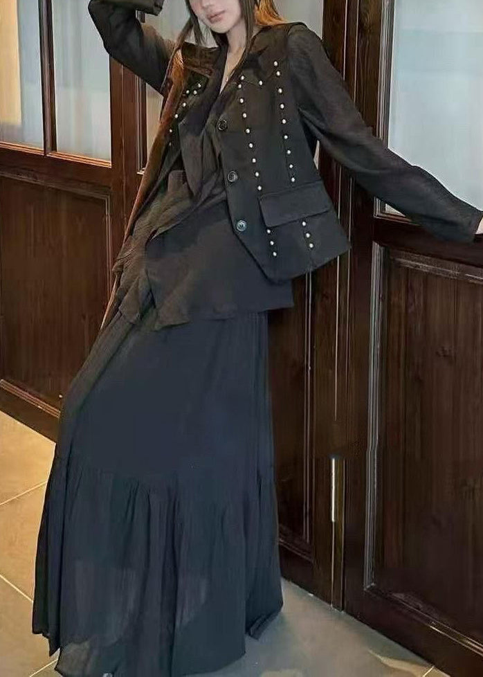 Autumn New Coffee Ruffled Top Skirt Rivet Vest Three Piece Set