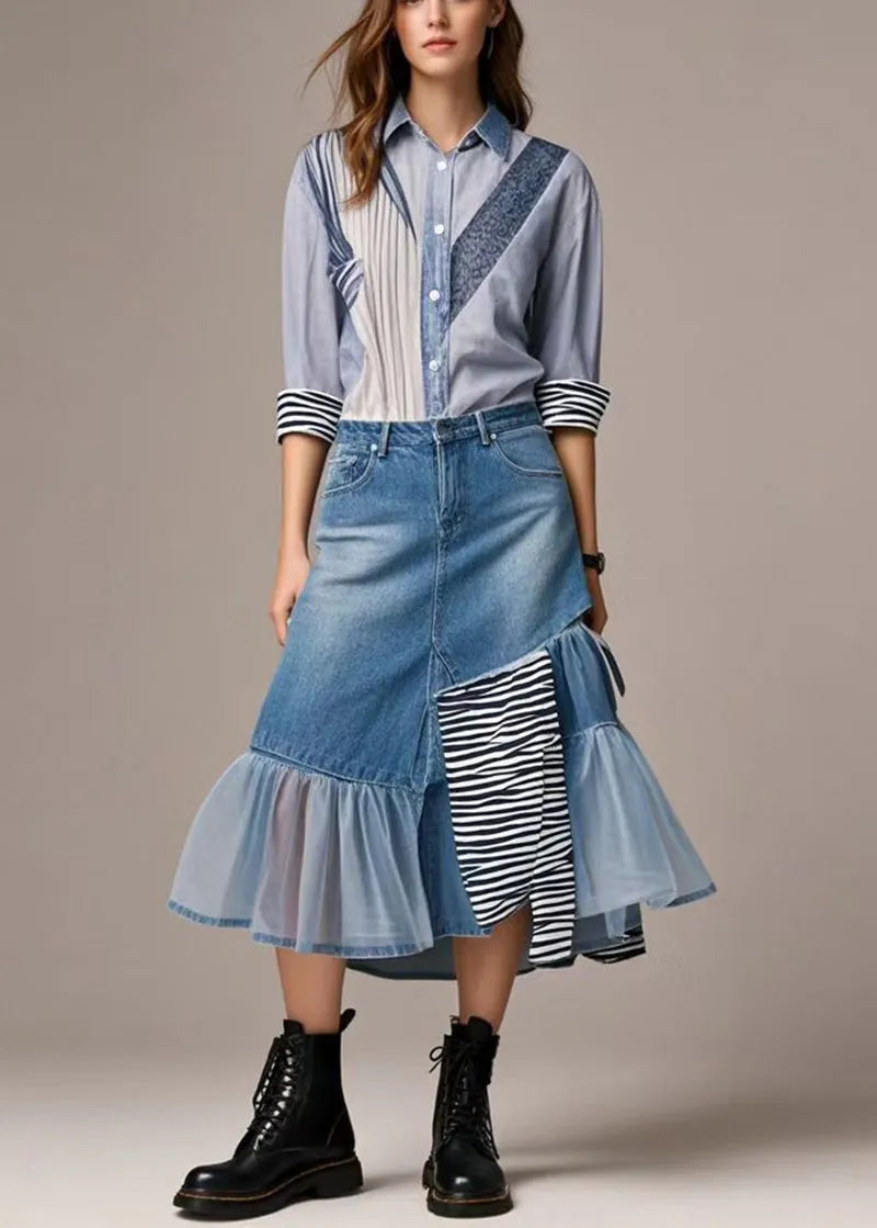 Blue Asymmetrical Patchwork Tulle Denim Skirts Spring