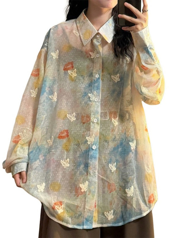 Rainbow Peter Pan Collar Butterfly Button Cotton Shirts Spring