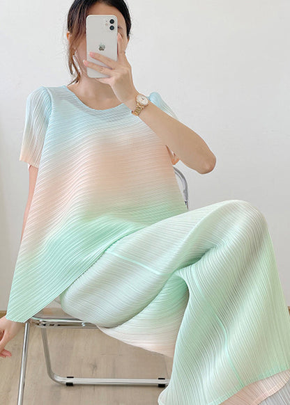 Loose Green O-neck Striped Top and Pants Silk Two Piece Set Summer