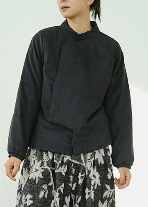 Black Button Pockets Fine Cotton Coats Stand Collar