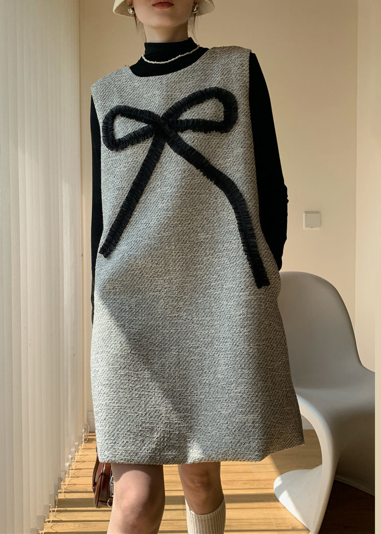 Light Grey Zippered Pockets Cotton Two-piece Set Bow Winter