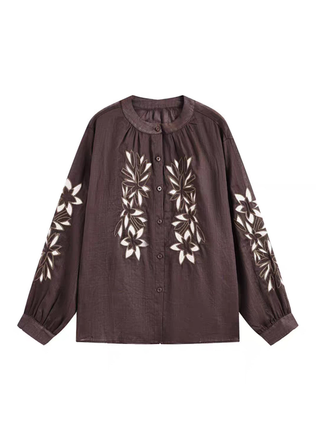 Coffee O-neck Button Embroidered Ramie Shirt Spring