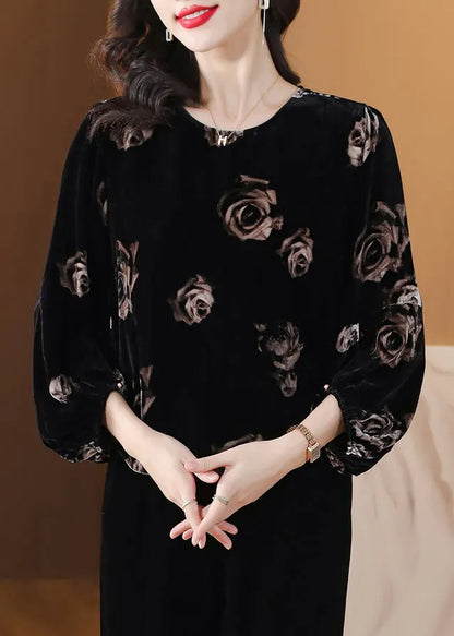 Black O Neck Print Velour Tops Lantern Sleeve