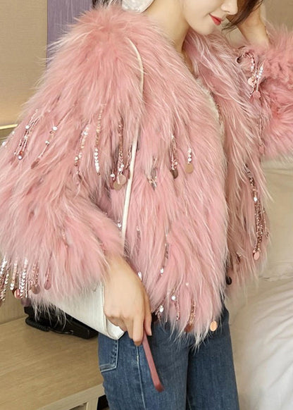 Beige Sequins Tassel Mink Hair Coats Winter