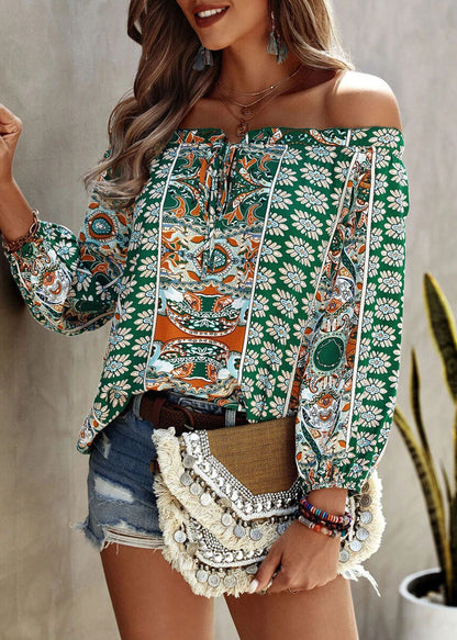 Blue Cold Shoulder Print Cotton Blouse Top Long Sleeve
