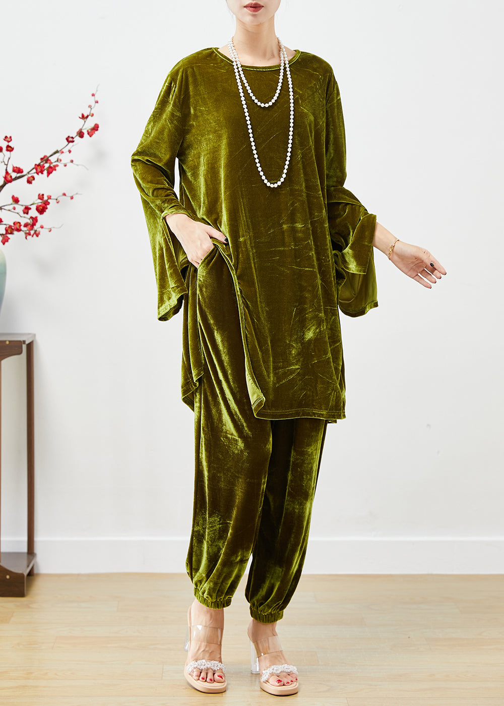 Dull Green Oversized Side Open Silk Velour Two Pieces Set Fall