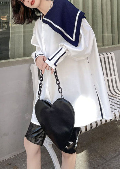 Simple White Button Side Open Sailor Collar Asymmetrical Shirt Spring