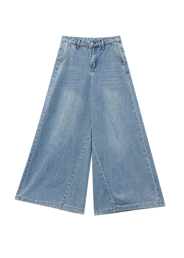 Simple Blue Pockets High Waist Denim Wide Leg Pants Fall