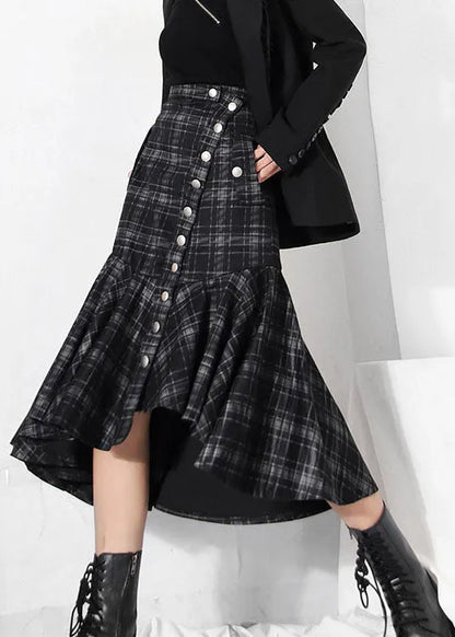 Black Low High Design Ruffles Plaid Skirt Spring