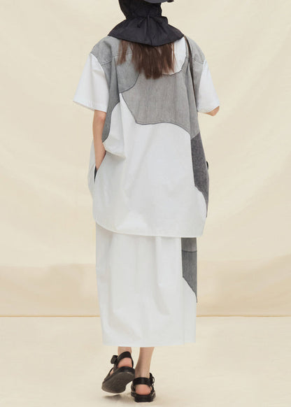 Light Grey Peter Pan Collar Patchwork Cotton Two Pieces Set Summer