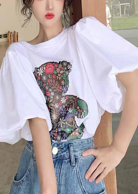 White Bear Print Cotton Tank Tops Puff Sleeve Summer