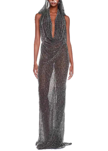 Silvery Zircon Silk Hooded Maxi Dress Summer
