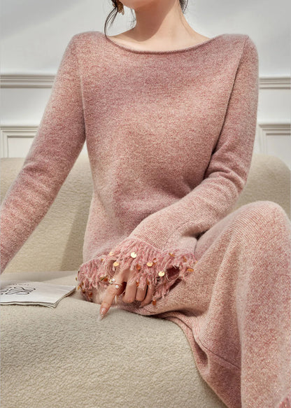 Pink Tasseled Sequins Knit Two Pieces Set Flare Sleeve