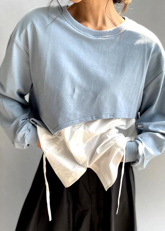 Blue O-neck Patchwork Asymmetrical Design Fall Sweatshirts Top