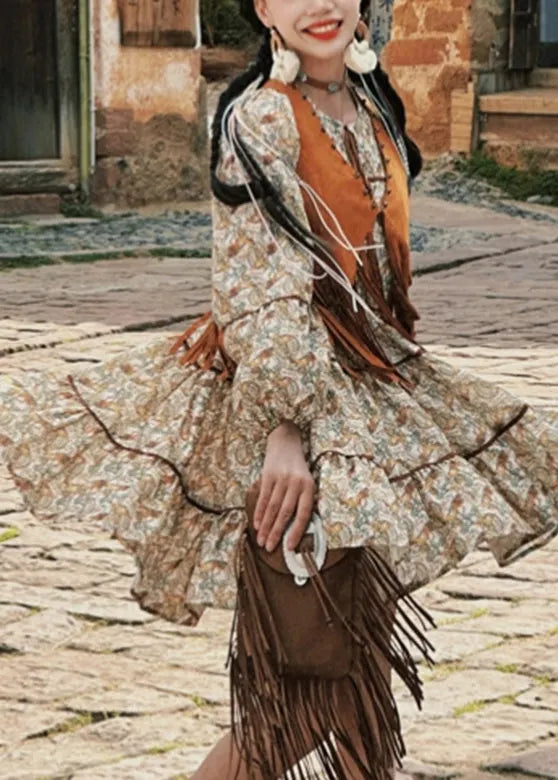 Retro Patchwork Tassel Waistcoat and Long Dress Two Pieces Set Lantern Sleeve