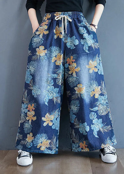 Denim Blue Print Cotton Wide Leg Pants Elastic Waist Spring