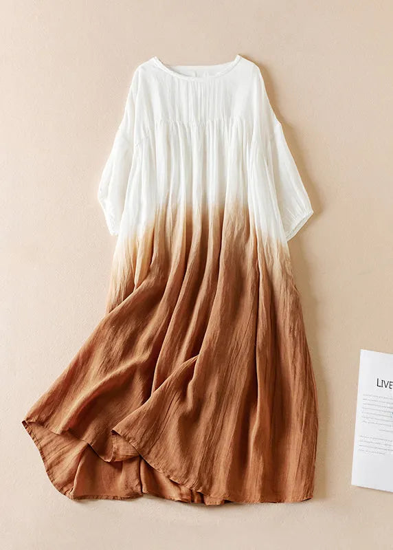 Original Blue Gradient O Neck Wrinkled Cotton Long Dress Half Sleeve
