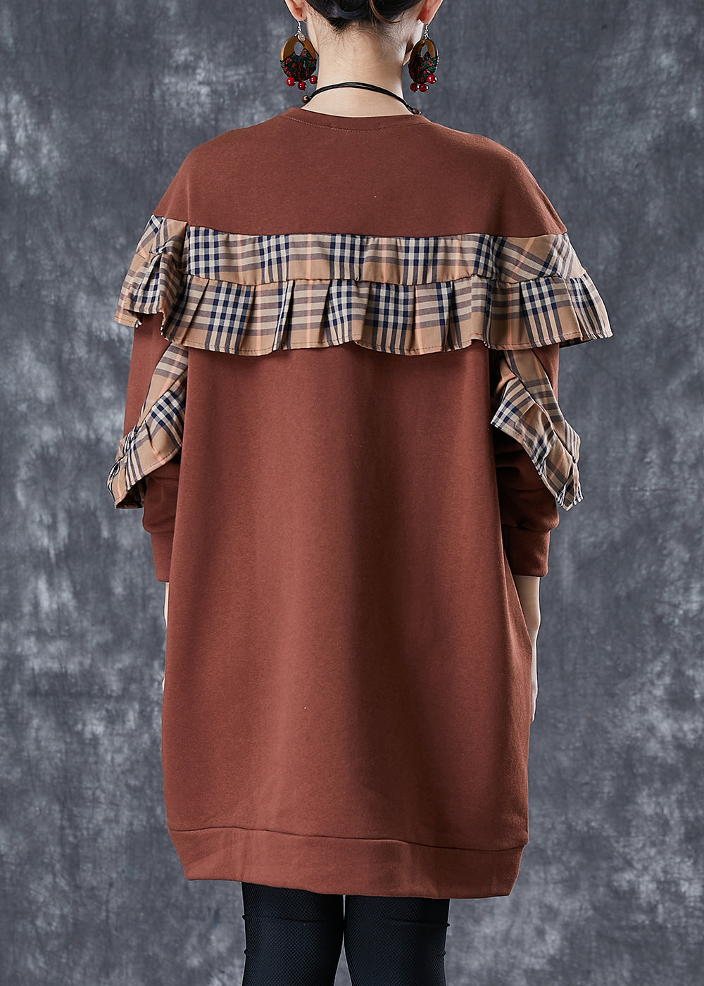 Brown Ruffled Patchwork Cotton Sweatshirts Dress Fall