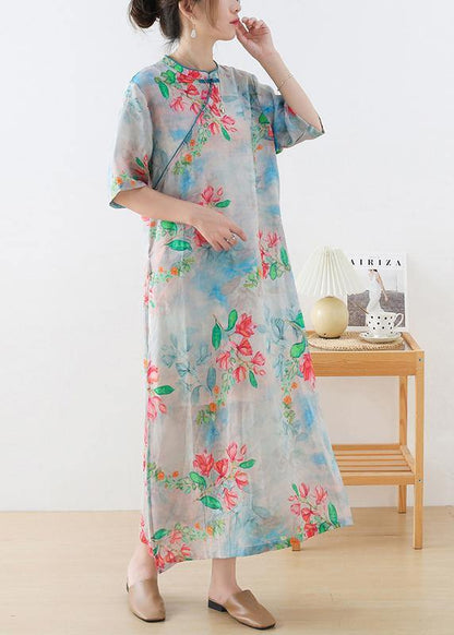 Blue Print Oriental Dresses Summer Ramie