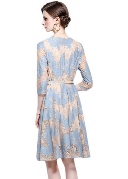 French Light Blue O-neck Embroideried Lace Cinch Dresses Bracelet Sleeve