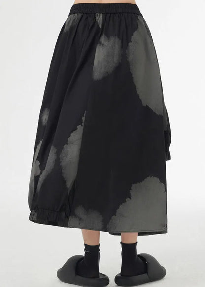 Black Tie Dye Pockets Elastic Waist Patchwork Cotton Skirt Asymmetrical Summer